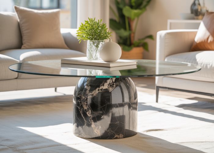 Modern living room with a marble table base supporting a glass top table.
