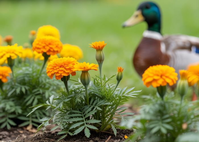 Marigold plants in a garden bed act as a natural duck repellent.