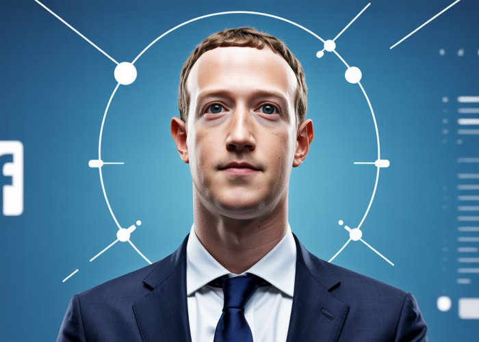 Mark Zuckerberg looking thoughtfully at a futuristic interface, suggesting his high IQ and focus on innovation.