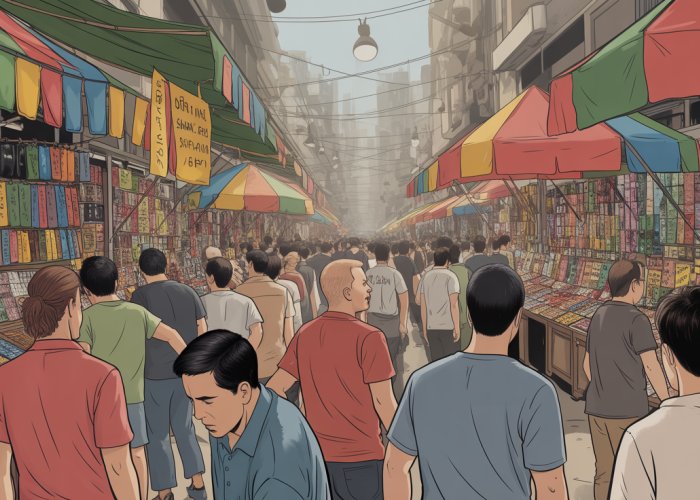 Chaotic marketplace scene with crowded stalls and bustling activity.