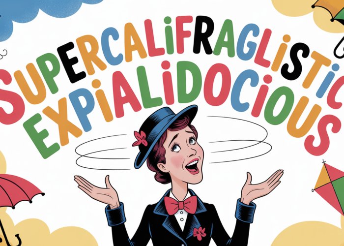 Mary Poppins looking perplexed as she tries to pronounce "supercalifragilisticexpialidocious" backwards, with letters floating around her.