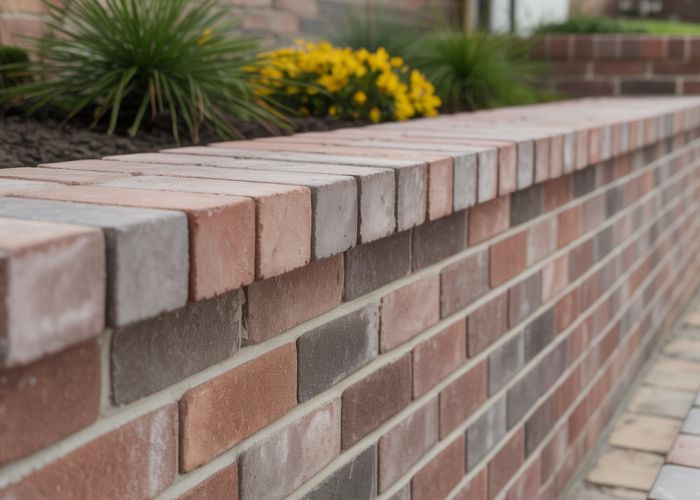 Detail of a sturdy masonry stem wall, highlighting the block pattern and mortar joints, with landscaping visible in the background.