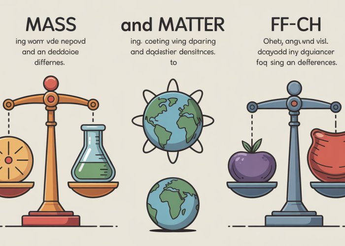 Infographic explaining the difference between mass and matter, with examples of how they relate.