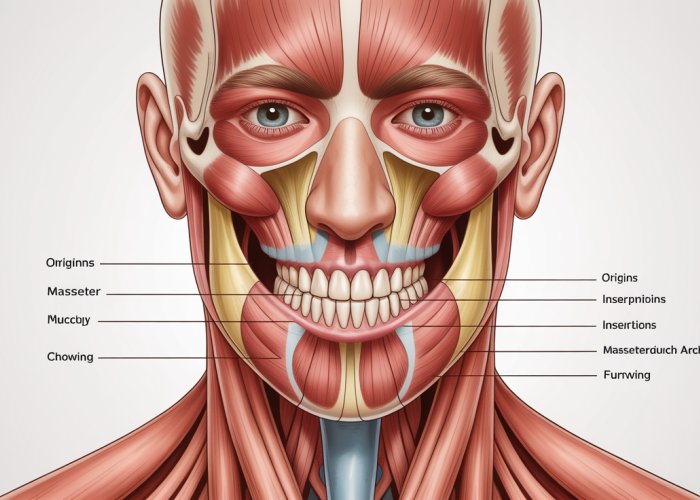 Anatomical illustration of the masseter muscle showing its origins, insertions, and function in chewing.