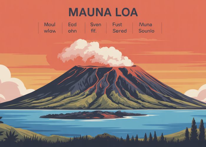 Infographic showing the correct pronunciation of Mauna Loa, including phonetic spelling and a picture of the volcano.