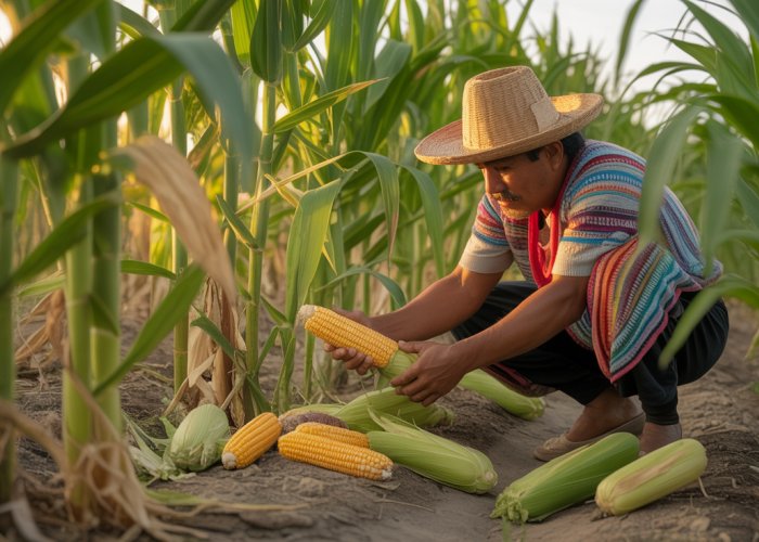 Mayan farmer tending to his milpa field at sunset, practicing traditional agricultural techniques.