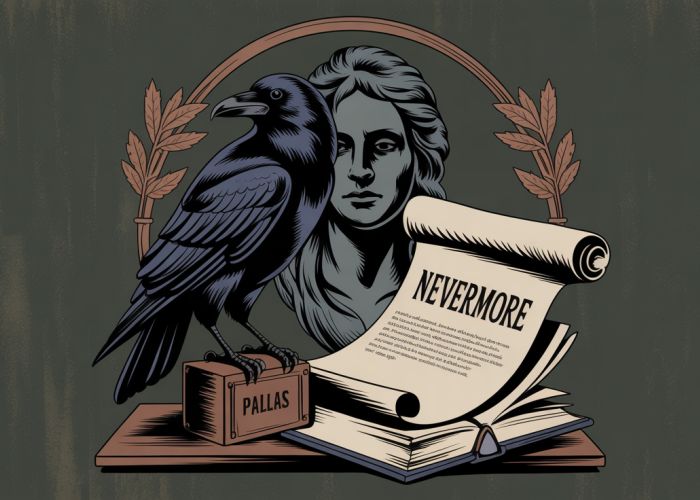 Raven perched on a bust of Pallas illuminated, with the word 'Nevermore' visible on an open scroll.