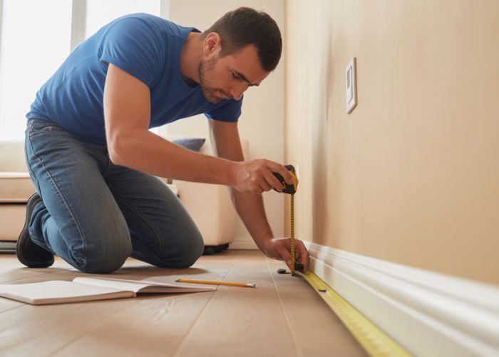 Man measuring wall for baseboards with tape measure and notepad.