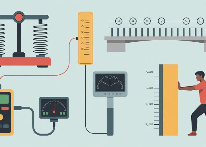 Collection of instruments used for measuring force: spring scale, force sensor, strain gauge, and a person demonstrating reaction force against a wall.