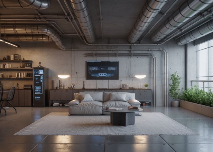 Futuristic apartment interior with exposed pipes, metal beams, and integrated technology.