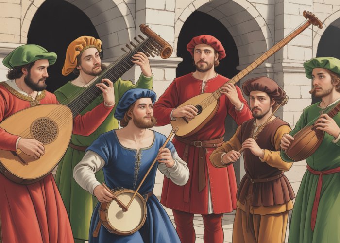Medieval musical ensemble performing with lute, recorder, vielle, and drum.
