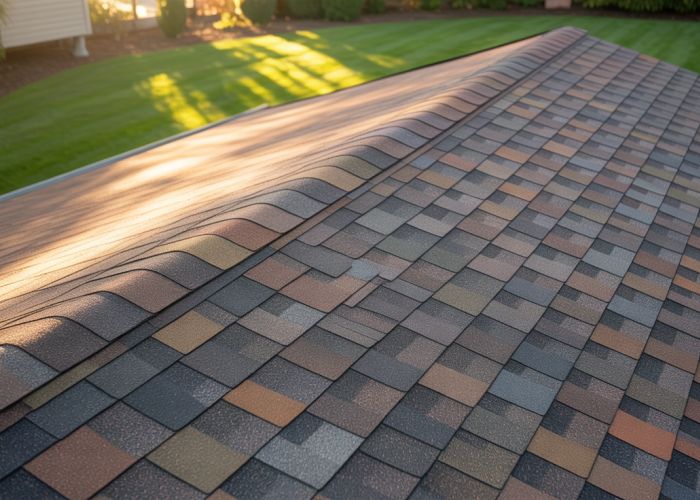 Menards asphalt shingles installed on a new roof, showing color and texture.