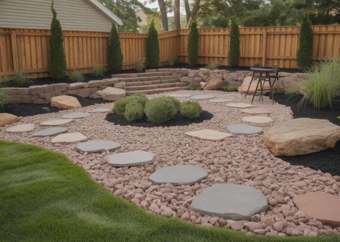 Backyard landscaping with Menards rocks creating a relaxing outdoor space.