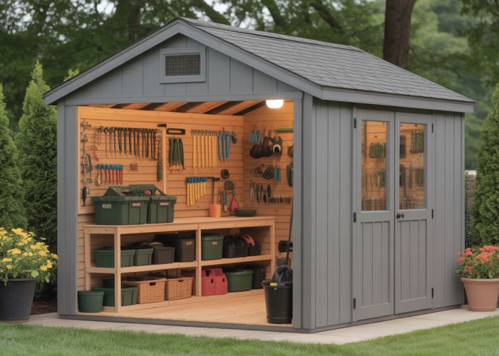 Menards outdoor shed with organized tools and backyard view