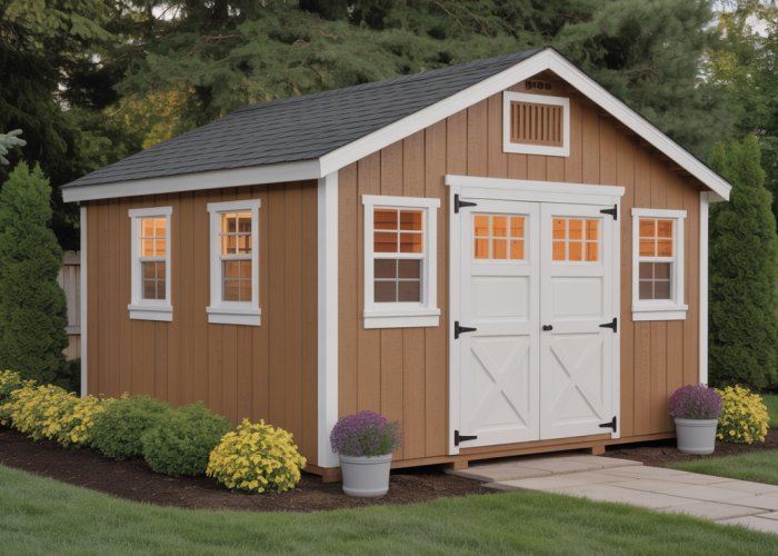 Menards wood shed in a backyard, providing outdoor storage solution.