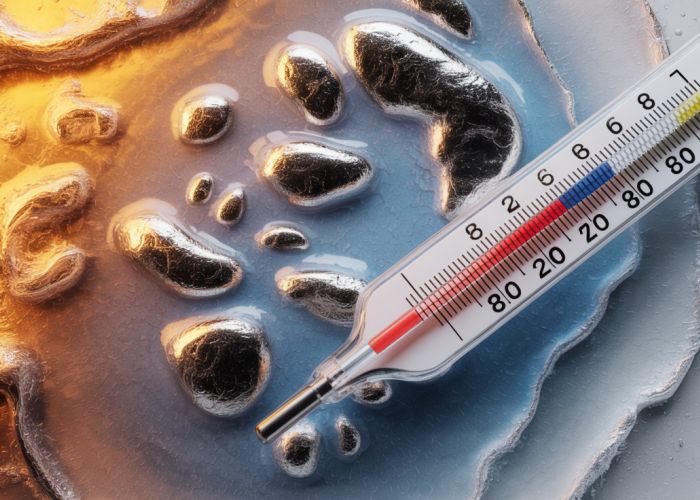 Frozen mercury exhibiting a dull, metallic sheen and solid structure next to a thermometer showing a temperature below -38 degrees Celsius.
