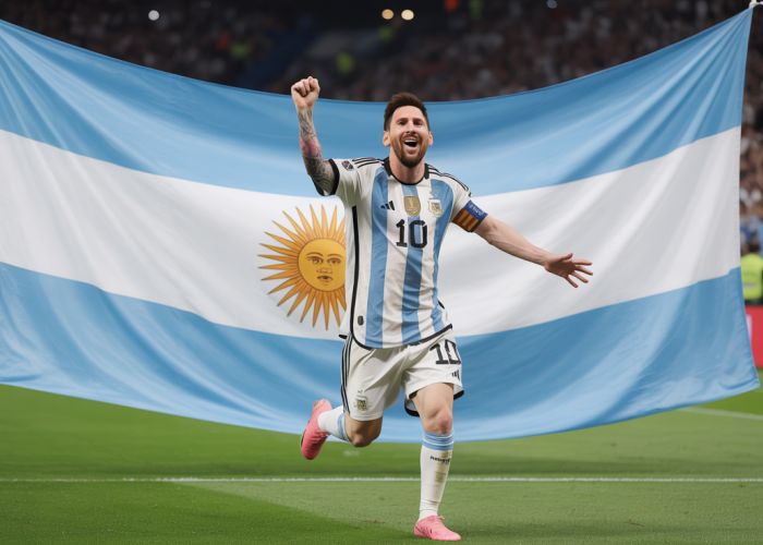 Lionel Messi celebrating after scoring a goal in the American Cup final, surrounded by teammates and cheering fans.