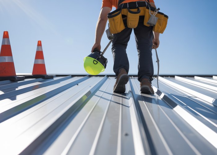 Roofer wearing safety harness walks carefully on a reflective metal roof, emphasizing fall prevention measures.