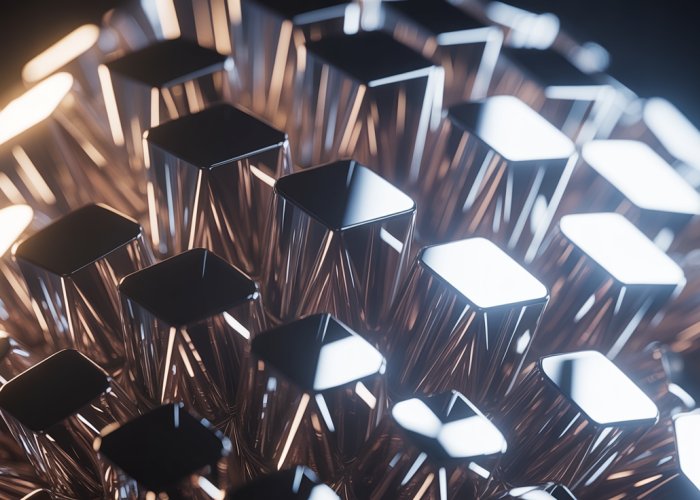 Detailed macro photograph of a metallic crystal structure with geometric facets and a reflective surface.