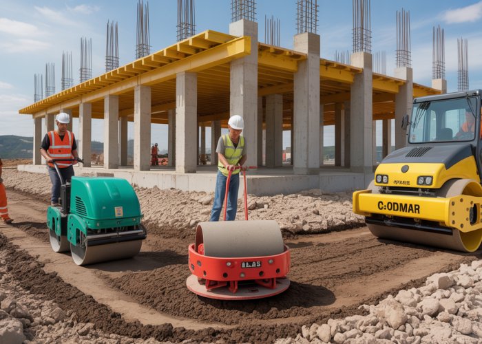 Different soil compaction methods being used on a construction site: plate compactor, roller, and rammer.