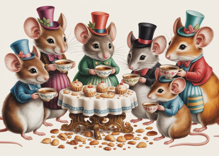Mices' tea party illustration with tiny hats and pastries.