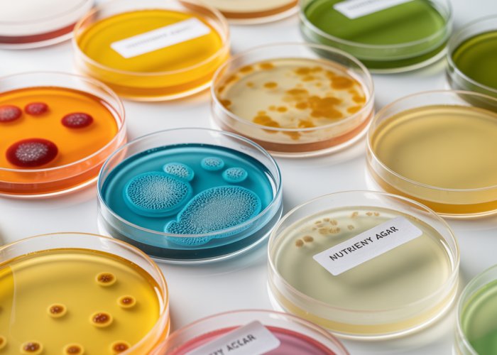 A collection of petri dishes with various microbial media, displaying different colors and growth patterns of bacteria colonies.