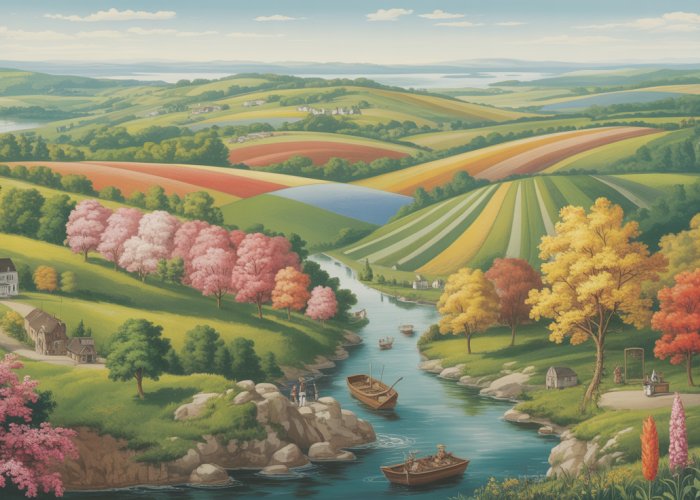 Diverse landscape of the Middle Colonies showing fertile farmland, rolling hills, and rivers, reflecting its varied climate and geography.