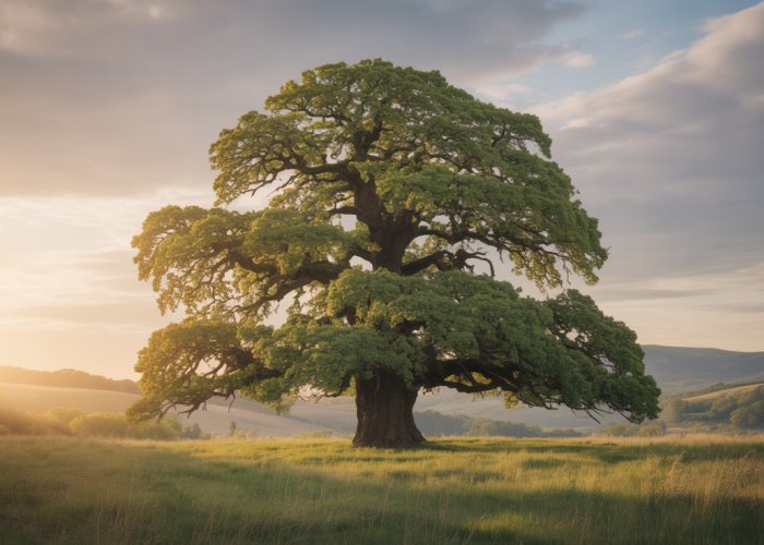 Lone oak tree in a field, symbolizing strength and longevity.