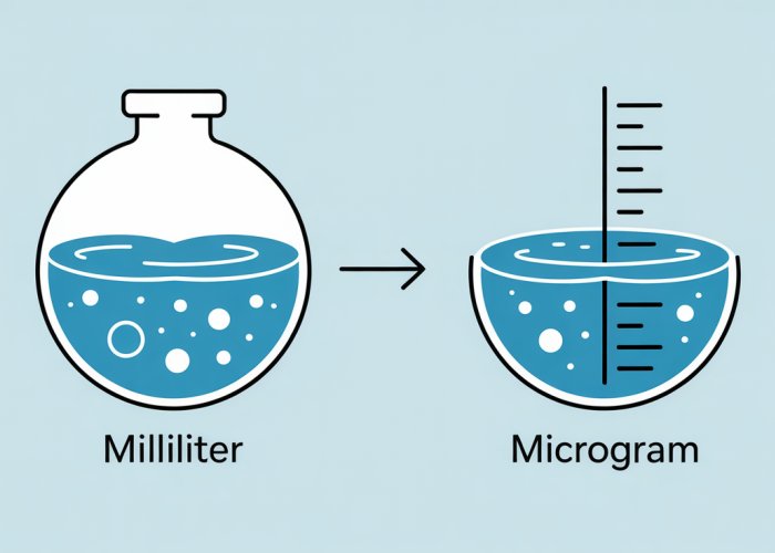 Illustration showing the conversion from milliliter (mL) to microgram (µg), highlighting the role of water density.