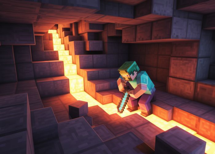 Minecraft player mining glowing ore in a dark cave.