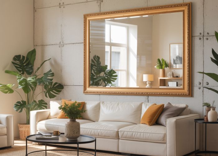 Large frameless mirror securely mounted on a textured wall, showcasing a stud-free installation with surrounding decorations.