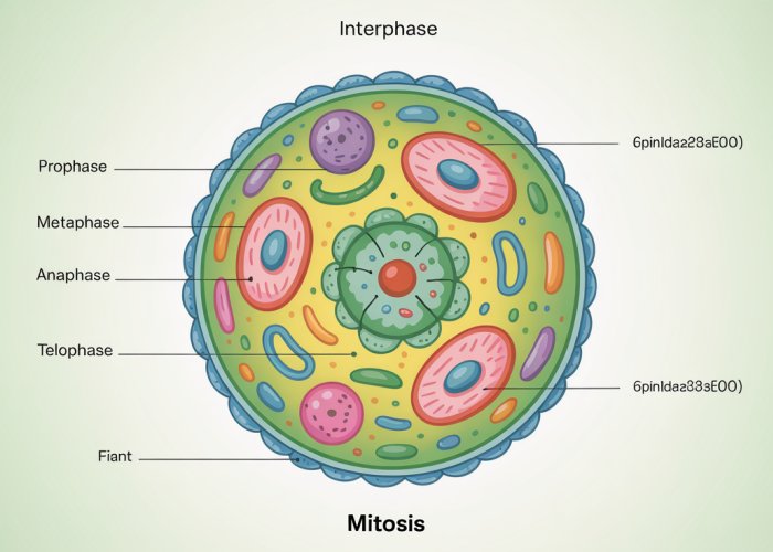 Illustration showing the stages of mitosis (prophase, metaphase, anaphase, telophase) and interphase in a cell.