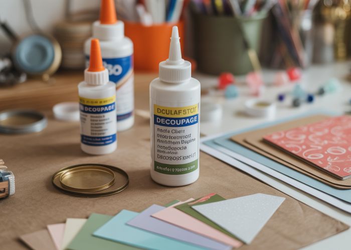Various crafting supplies used as alternatives to Mod Podge, including clear glue, matte medium, and decoupage paper.