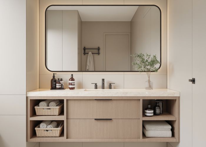 Modern bathroom vanity with 21-inch deep countertop providing ample space and storage.