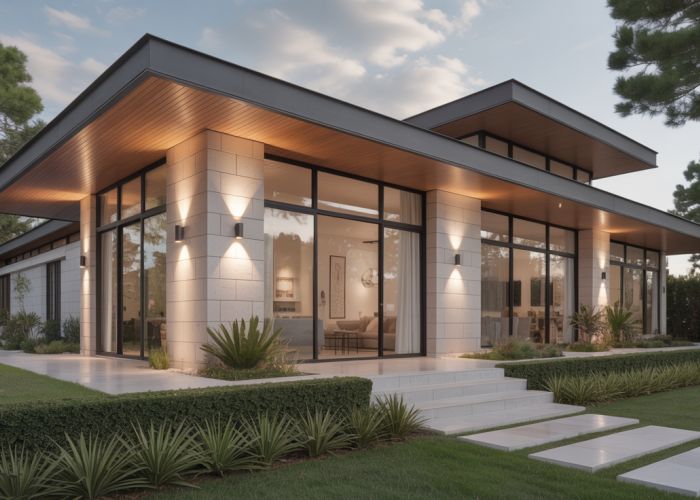 Modern home with prominent eaves and overhangs, providing shade and visual appeal.