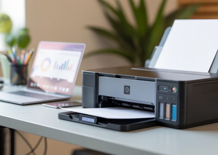 Modern Inkjet Printer on Desk with Laptop