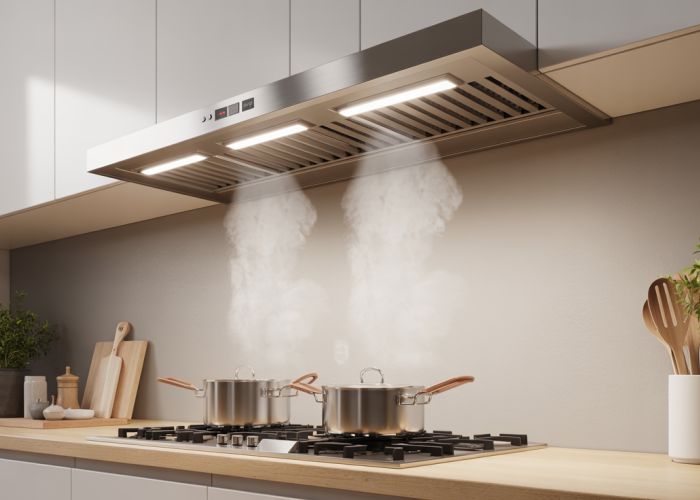 Sleek stainless steel range hood effectively ventilating cooking fumes in a modern kitchen.