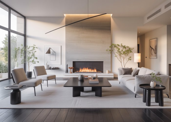 Modern living room with black wood flooring and minimalist decor.