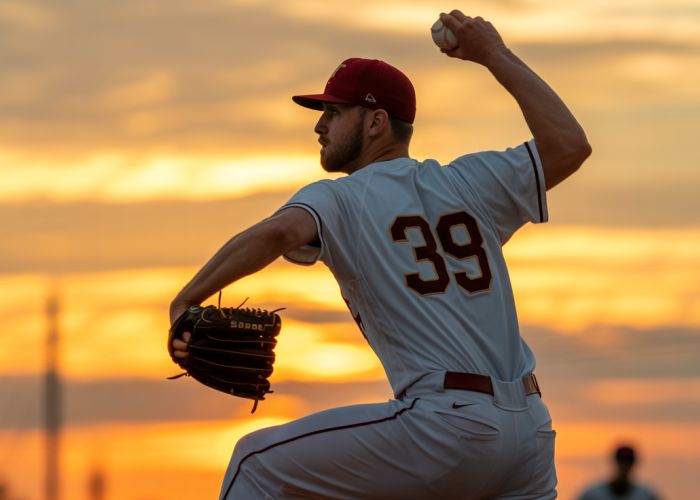Baseball pitcher in silhouette against a fiery sunset, symbolizing the golden era of pitching.
