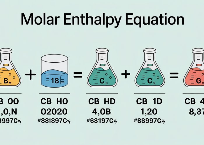 Infographic explaining the molar enthalpy equation with definitions, units, and examples.