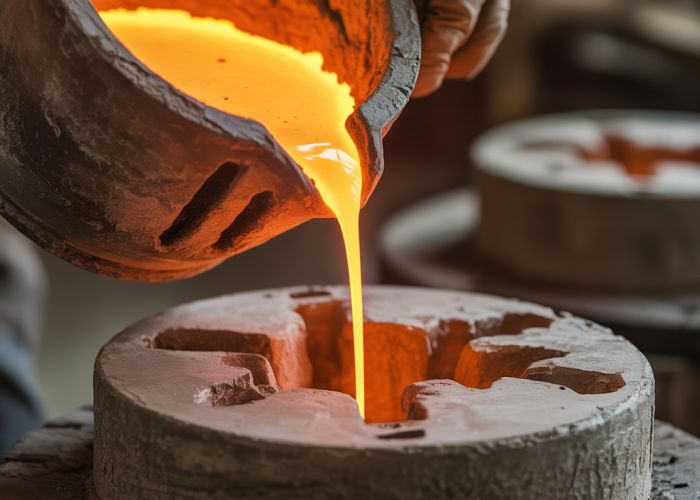 Molten bronze being poured from a crucible, showing the intense heat and vibrant color.