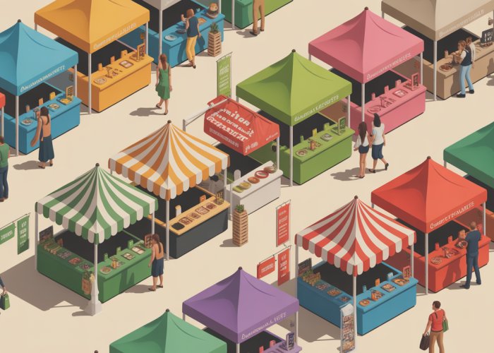 A vibrant marketplace representing a monopolistically competitive market, featuring diverse stalls selling similar but differentiated products with colorful branding.