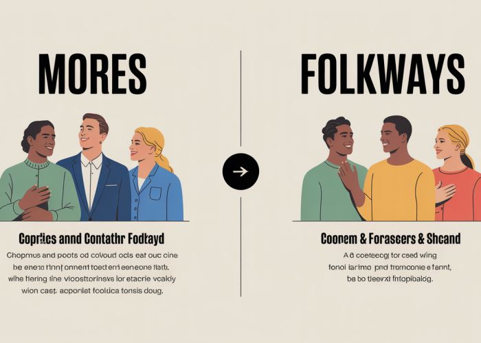 Infographic illustrating the differences between mores and folkways with examples.