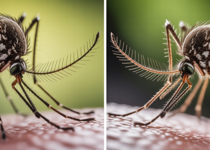 Close-up comparison of male and female mosquito antennae, showing the feathery antennae of the male mosquito and the sparse antennae of the female mosquito.