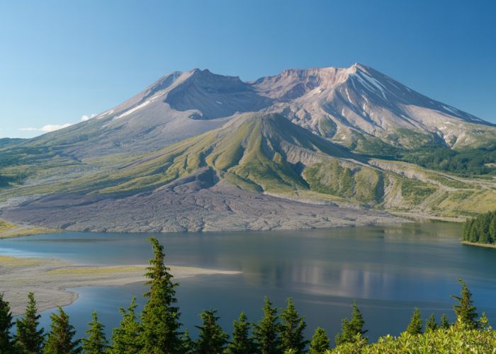 Panoramic view of Mount St. Helens and Spirit Lake, showcasing the volcano's crater and surrounding forest regrowth.