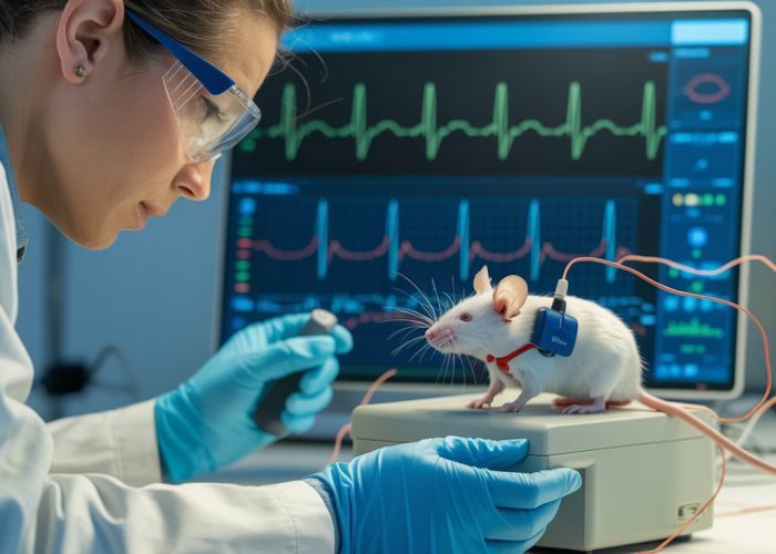 Close-up of mouse ECG reading during heart rate research in a laboratory.