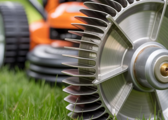 Close-up of razor-sharp mower reel blades after professional sharpening.
