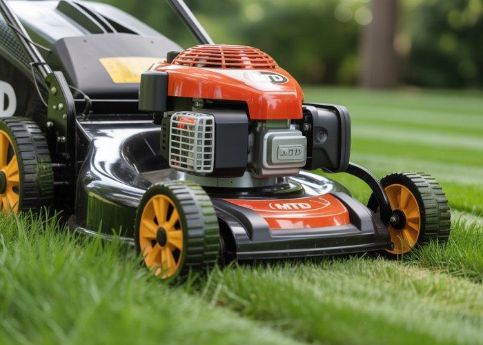 MTD Lawn Mower cutting green grass cleanly and efficiently.