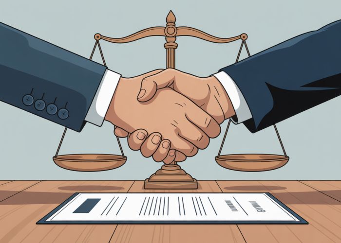 Two business professionals shaking hands over a signed contract, representing mutual assent in contract law.