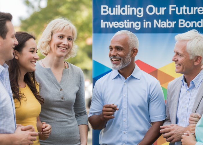Diverse group of people at a community event discussing NABR bonds and local investment.